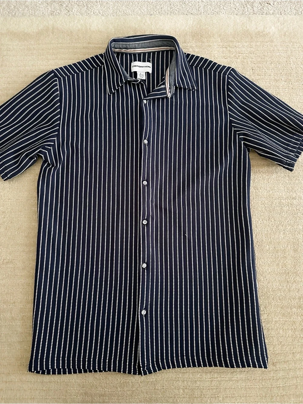 Distortion Slim Fit Navy Stripe Short Sleeve Shirt